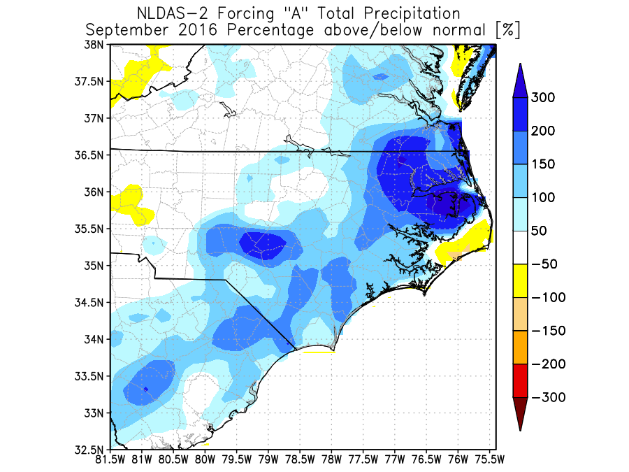 NLDAS-2 2016 percentage of normal September precipitation for eastern Carolinas