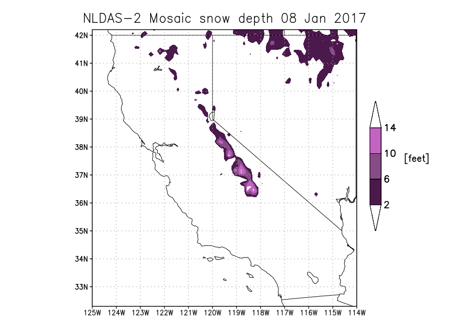 NLDAS-2 Mosaic LSM snow depth (feet) on Jan 8, 2017