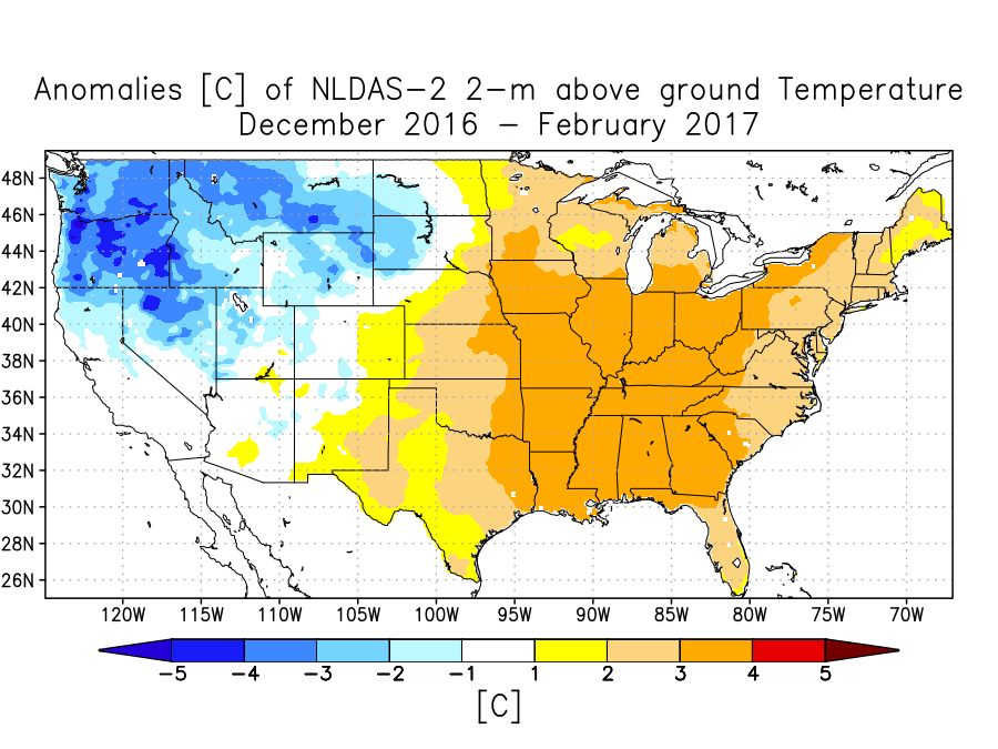NLDAS anomalies of 2-m surface temperature for winter 2016-2017