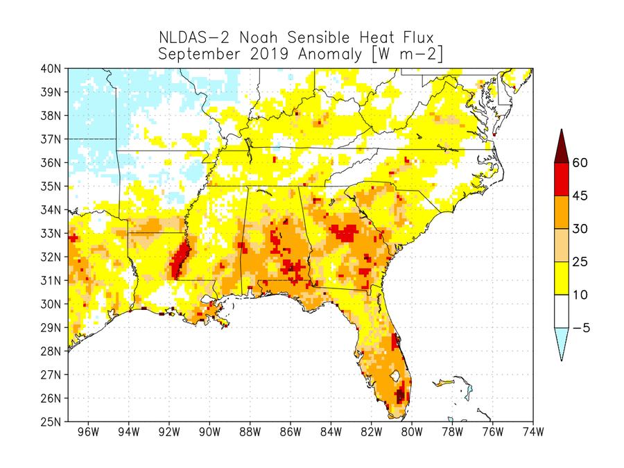 NLDAS sensible heat flux anomaly for September 2019